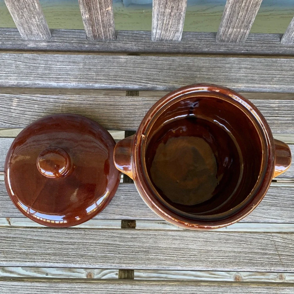 Vintage 3-Tone Stoneware Crock Bean Pot with Lid Brown Cook N Serve Farmhouse